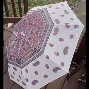 Umbrella Collapsible Paisley Print Metal Handle Nylon. Vintage 34in. Travel Case